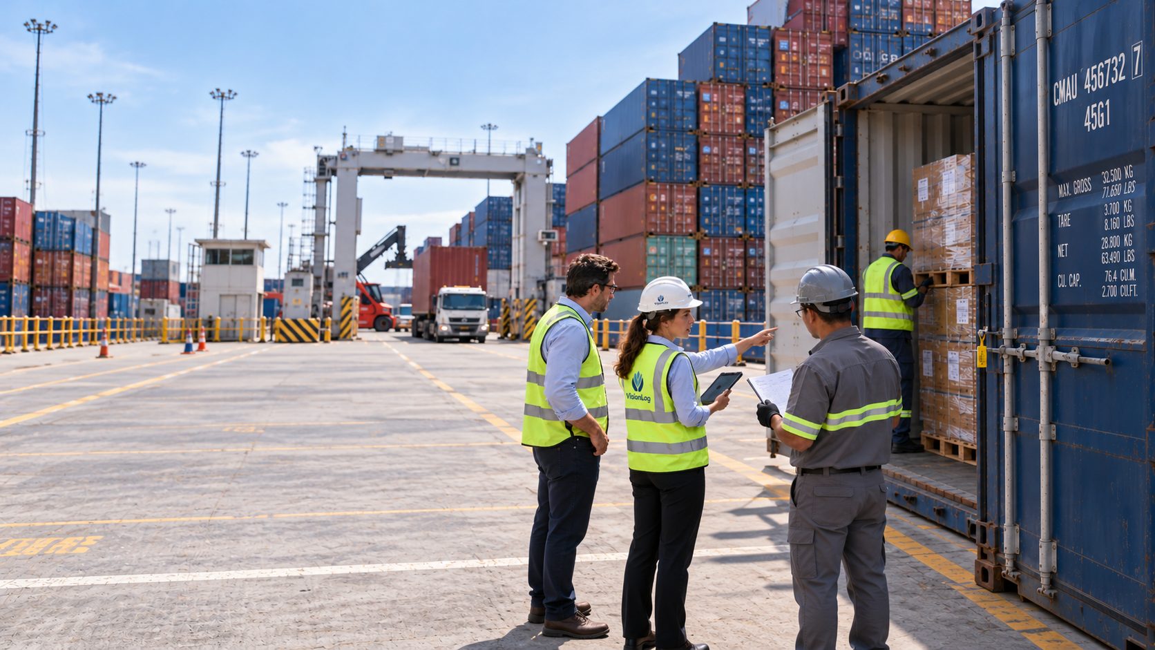 Customs clearance: Vision Log team checking documents and the container seal at the terminal, with the inspection gate in the background