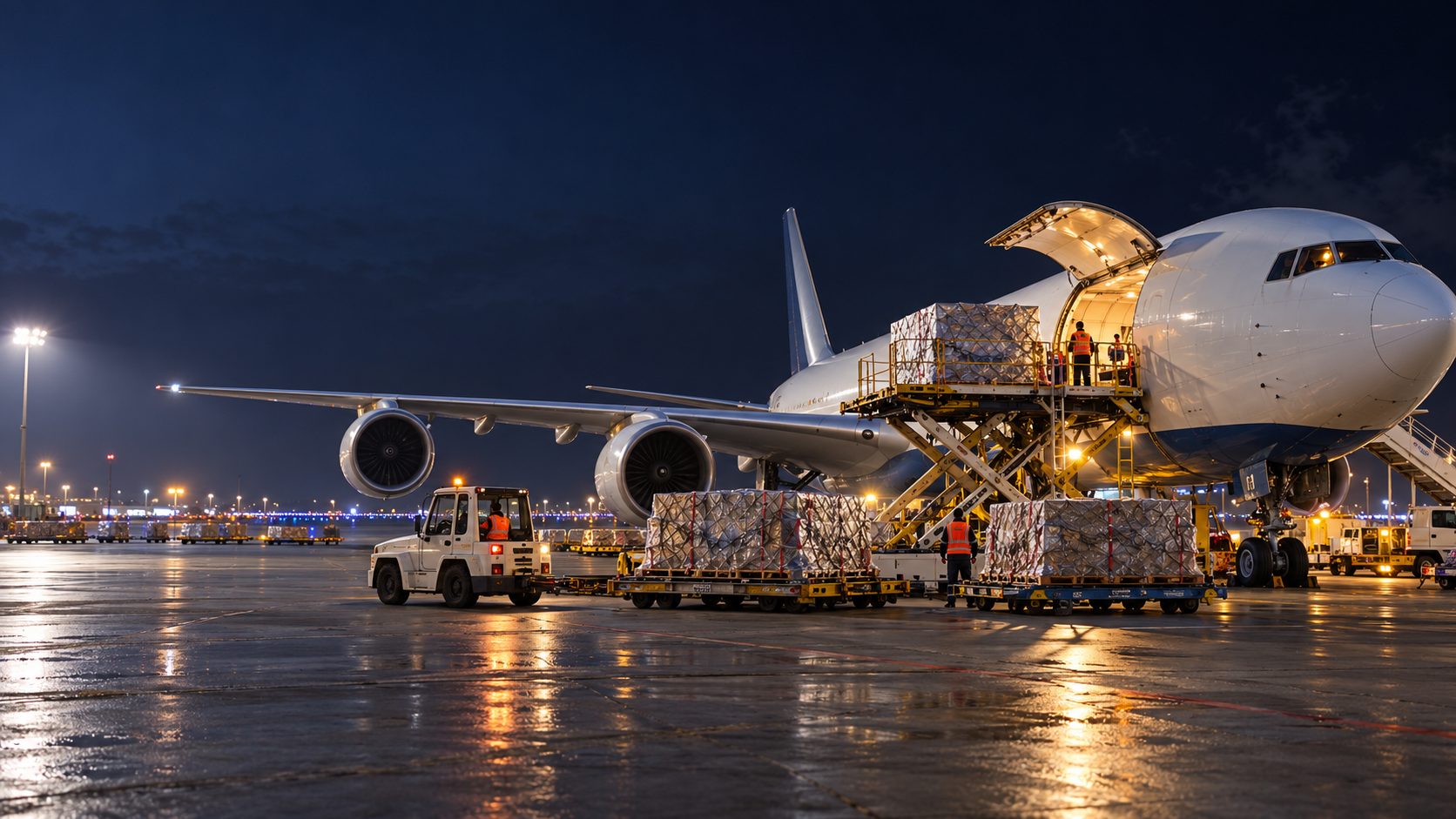 International air freight: freighter aircraft at night with its cargo door open, pallets raised by a loader and crew in high-visibility vests on the apron