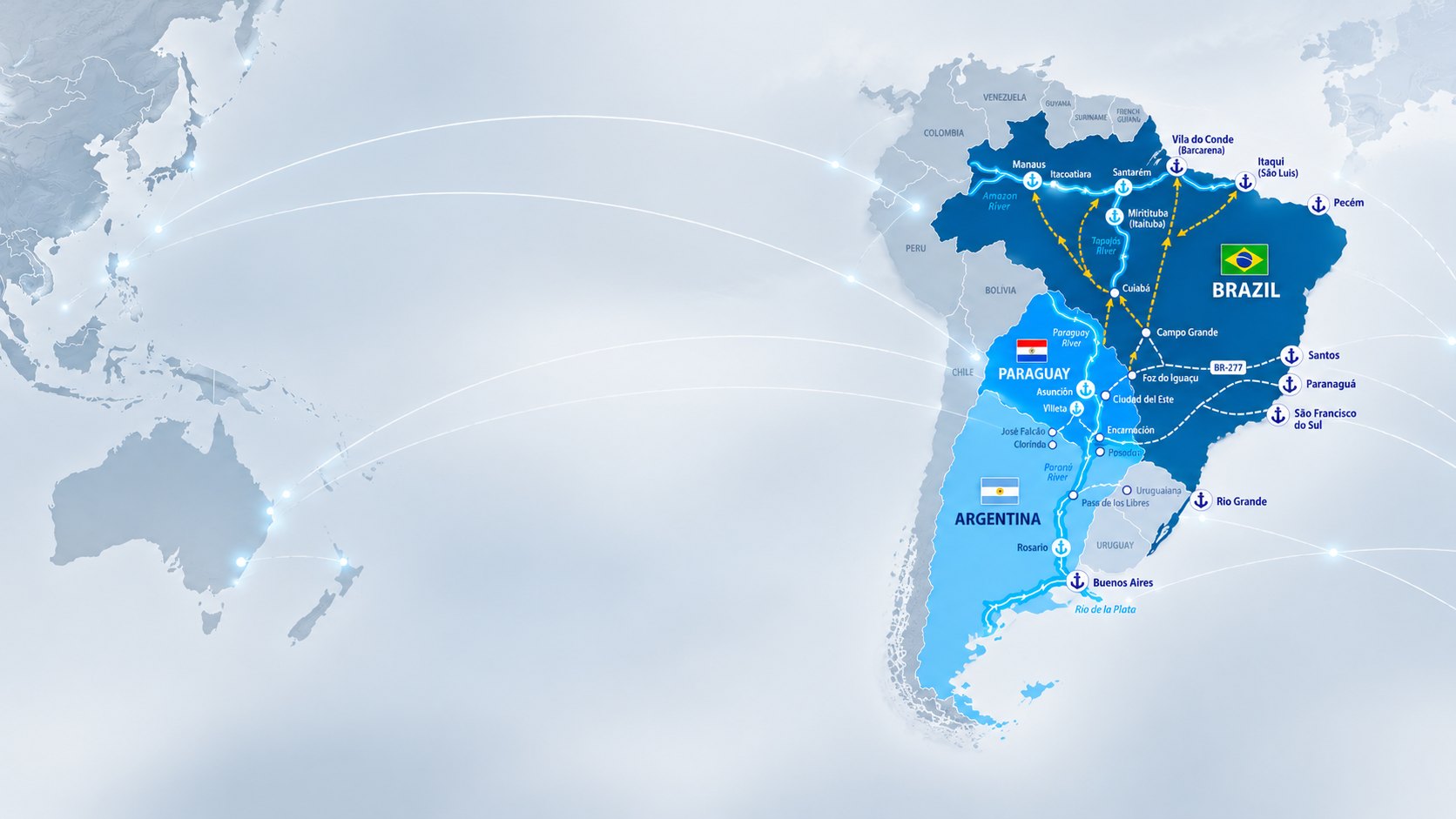 Map of South America showing the main ports and logistics corridors of Brazil, Paraguay and Argentina, with international routes to Asia and Oceania